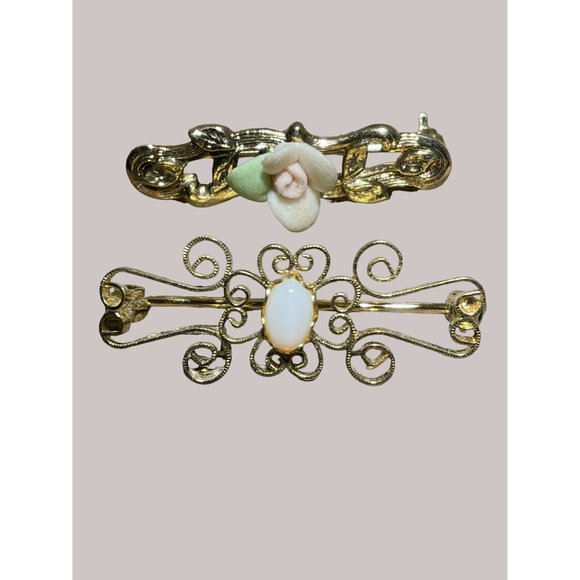 Miniature 1.25” Filigree Opal Rose Victorian Art Nouveau Broochs Set of 2 - Picture 1 of 4